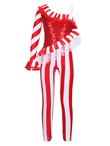 Kaerm Ballettanzug Kinder Mädchen Ganzkörper Overall Pailletten Jumpsuit Ein Schulter Streifen Body Rüschen Trikotanzug Weihnachten Zuckerstange Kostüm Rot 170-176 von Kaerm