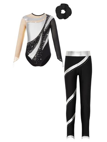 Kaerm Kinder Mädchen Ballettanzug Set Langarm Turnanzug Strass Glitzer Ballett Body Metallic Patchwork Trikot Mit Streifen Tanzhose Haarband Tanzbekleidung Silber schwarz 122-128 von Kaerm