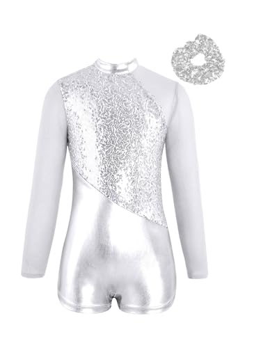 Kaerm Kinder Mädchen Ballettanzug Strass Glitzer Turnanzug Langarm Gymnastik Body Patchwork Trikot Mit Haarband Tanzkleidung Set Silber 110-116 von Kaerm