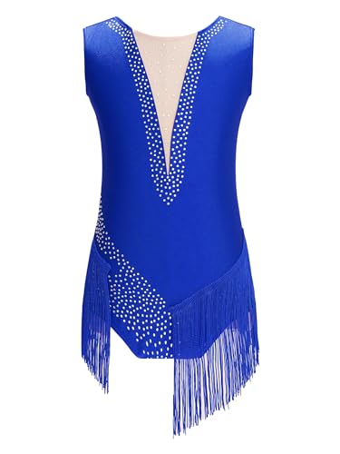 Kaerm Kinder Mädchen Ballettanzug Strass Glitzer Turnanzug Wettkampf Ärmellos Tanzbody Fransen Quaste Tanztrikot Mit Mesh Patchwork Tanzkleidung Blau 134-140 von Kaerm