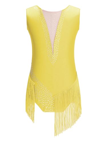 Kaerm Kinder Mädchen Ballettanzug Strass Glitzer Turnanzug Wettkampf Ärmellos Tanzbody Fransen Quaste Tanztrikot Mit Mesh Patchwork Tanzkleidung Gelb 110-116 von Kaerm