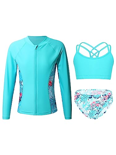 Kaerm Kinder Mädchen Bikini Set Mit Rash Guard Shirt 3tlg Badebekleidung UV Schutz Schwimmanzug Schnelltrocknend Bademode Sportlich Beachwear Blatt 134-140 von Kaerm