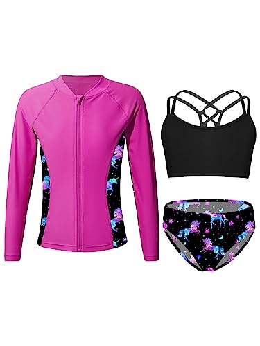 Kaerm Kinder Mädchen Bikini Set Mit Rash Guard Shirt 3tlg Badebekleidung UV Schutz Schwimmanzug Schnelltrocknend Bademode Sportlich Beachwear Nachtpegasus 134-140 von Kaerm