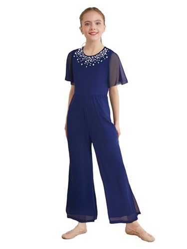Kaerm Kinder Mädchen Chiffon Overall Jumpsuit Strass Glitzer Hosenanzug Festlich Playsuit Zum Ball Abend Hochzeit Cocktail Navy blau 146-152 von Kaerm