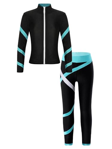 Kaerm Kinder Mädchen Eislauf Outfit Anzug Langarm Sport Eiskunstlauf Jacke Reißverschluss Vorne Strass Glänzend Eislaufhose Set Sportswear Blau Grün 122-128 von Kaerm