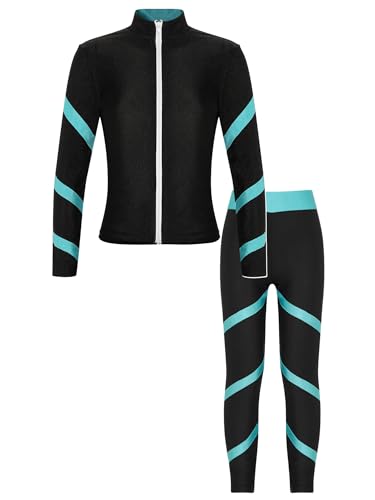 Kaerm Kinder Mädchen Eislauf Outfit Anzug Langarm Sport Eiskunstlauf Jacke Reißverschluss Vorne Strass Glänzend Eislaufhose Set Sportswear Blau Grün A 134-140 von Kaerm