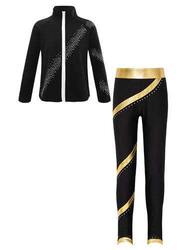 Kaerm Kinder Mädchen Eislauf Outfit Anzug Langarm Sport Eiskunstlauf Jacke Reißverschluss Vorne Strass Glänzend Eislaufhose Set Sportswear Gold I 122-128 von Kaerm