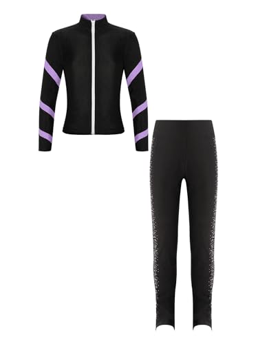 Kaerm Kinder Mädchen Eislauf Outfit Anzug Langarm Sport Eiskunstlauf Jacke Reißverschluss Vorne Strass Glänzend Eislaufhose Set Sportswear Lavendel B 146-152 von Kaerm