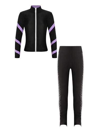 Kaerm Kinder Mädchen Eislauf Outfit Anzug Langarm Sport Eiskunstlauf Jacke Reißverschluss Vorne Strass Glänzend Eislaufhose Set Sportswear Lavendel B 170 von Kaerm