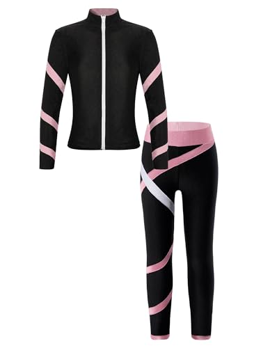 Kaerm Kinder Mädchen Eislauf Outfit Anzug Langarm Sport Eiskunstlauf Jacke Reißverschluss Vorne Strass Glänzend Eislaufhose Set Sportswear Rosa 146-152 von Kaerm