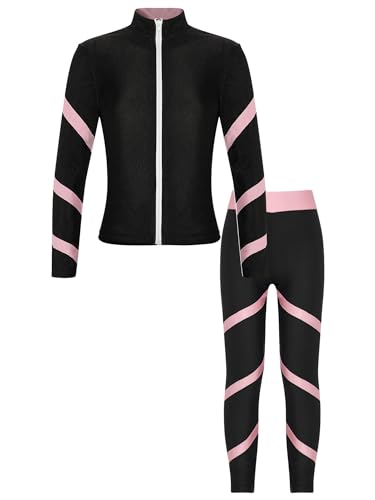 Kaerm Kinder Mädchen Eislauf Outfit Anzug Langarm Sport Eiskunstlauf Jacke Reißverschluss Vorne Strass Glänzend Eislaufhose Set Sportswear Rosa A 122-128 von Kaerm