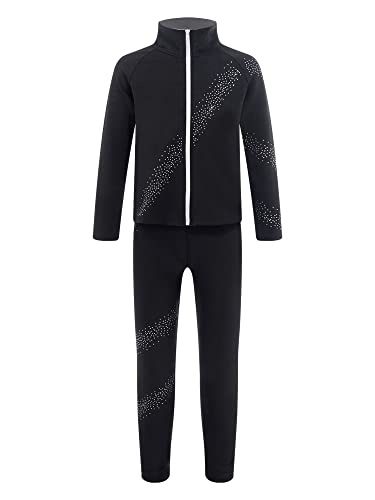 Kaerm Kinder Mädchen Eislauf Outfit Anzug Langarm Sport Eiskunstlauf Jacke Reißverschluss Vorne Strass Glänzend Eislaufhose Set Sportswear Schwarz 110-116 von Kaerm