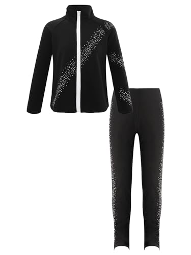 Kaerm Eiskunstlauf Kleidung Training Kinder Mädchen Langarm Sweatjacke Strass Glitzer Sportjacke Mit Gymnastikhose Lang Trainingshose Sportswear Schwarz G 134-140 von Kaerm