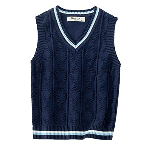 Kaerm Kinder Mädchen Junge Pullunder Gestrickte Weste Cardigan Strickweste Teenager Ärmellos Strickpullover Sweatshirt Schleife Vorne Süß Dunkel Navy B 122-128 von Kaerm