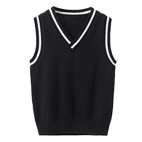 Kaerm Kinder Mädchen Junge Pullunder Gestrickte Weste Cardigan Strickweste Teenager Ärmellos Strickpullover Sweatshirt Schleife Vorne Süß Navy Blau A 122-128 von Kaerm