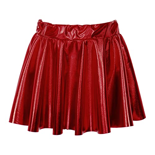 Kaerm Kinder Mädchen Metallic Rock A Linien Faltenrock High Waist Skater Rock Hochglanz Partyrock Für Fasching Karneval Mottoparty Gr.110-164 Z Rot 146-152 von Kaerm
