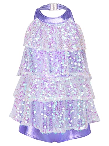 Kaerm Kinder Mädchen Quaste Latein Kleid Pailletten Glitzer Lateinischer Rumba Samba Tanzkleid Ballsaal Tanzen Ballett Kinder Bühne Tanzkleidung Lavender 110-116 von Kaerm