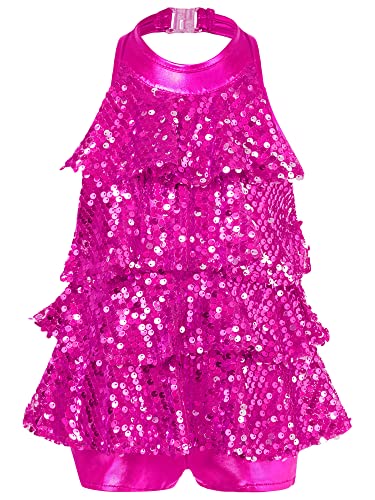 Kaerm Kinder Mädchen Quaste Latein Kleid Pailletten Glitzer Lateinischer Rumba Samba Tanzkleid Ballsaal Tanzen Ballett Kinder Bühne Tanzkleidung Rose 122-128 von Kaerm