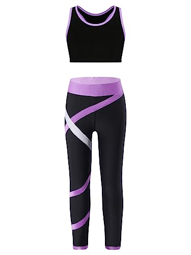 Kaerm Kinder Mädchen Sport Set Fitness Sportbekleidung Legging Und BH Oberteil Kurz Bauchfrei Motiv Zweiteiler Sportanzug Set Sommer Outfits Lavendel 122-128 von Kaerm