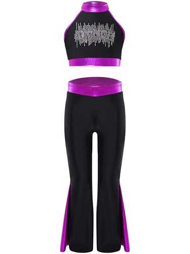 Kaerm Kinder Mädchen Sportanzug Metallic Glitzer Sport BH Strass Tanz Oberteil Kurz Mit High Waist Schlaghose Patchwork Leggings Wettbewerb Tanzkostüm Violett 158-164 von Kaerm