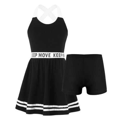 Kaerm Kinder Mädchen Tenniskleid Netballkleid Ärmellos Sportkleid Mit High Waist Sport Shorts Sportanzug Set Team Tennis Outfit Sportbekleidung Schwarz 146-152 von Kaerm