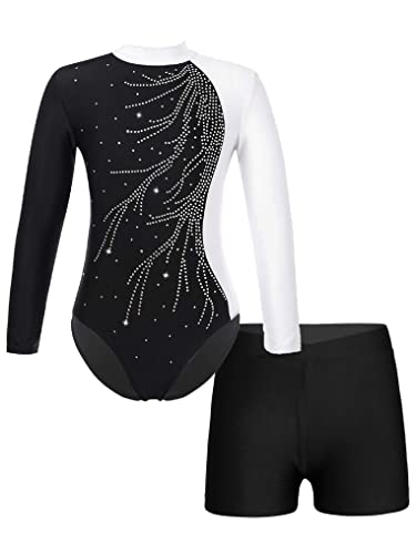 Kaerm Kinder Mädchen Turnanzug Mit Hose Kurz Langarm Patchwork Ballett Body Overall Jumpsuit Mit Shorts 2tlg Tanz Yoga Trainingsanzug Trikotanzug Weiß A 134-140 von Kaerm