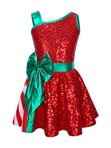 Kaerm Kinder Mädchen Weihnachten Kleid Pailletten Glitzer Ballettkleid Ã„rmellos Tanzkleid Mit Grün Schleife Streifen Patchwork Zuckerstange Kostüm Rot 134-140 von Kaerm