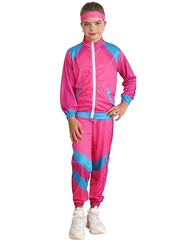 Kaerm Kinderkostüm 80er Jahre Trainingsanzug Mit Taschen Langarm Jacke Und Hose Stirnband Campinganzug Jogginganzug Assi Retro Style Gruppenkostüm Mottoparty Rosa 140-152 von Kaerm