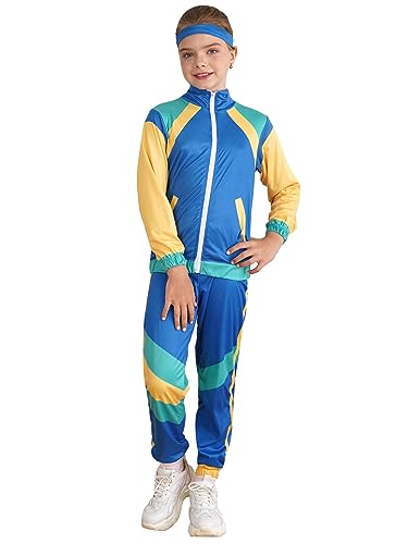 Kaerm Kinderkostüm 80er Jahre Trainingsanzug Mit Taschen Langarm Jacke Und Hose Stirnband Campinganzug Jogginganzug Assi Retro Style Gruppenkostüm Mottoparty Blau 104-116 von Kaerm