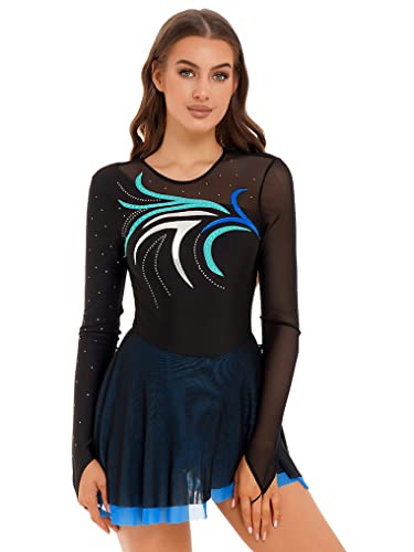 Kaerm Kürkleider Eiskunstlauf Damen Rollkunstlauf Kleid Langarm Tanzkleid Strass Glitzer Ballettanzug Ballett Body Mit Rock Ballerinas Kostüm Dancewear Blau Grün L von Kaerm