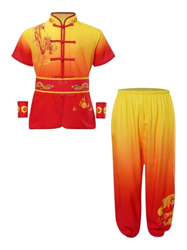 Kaerm Kung Fu Anzüge Kinder Junge Mädchen Chinesischer Tang Anzüge Hanfu Kampfsport Kleidung Set Traditionell Wing Chun Taichi Uniform Oberteile Hosen Gelb Rot 134-140 von Kaerm