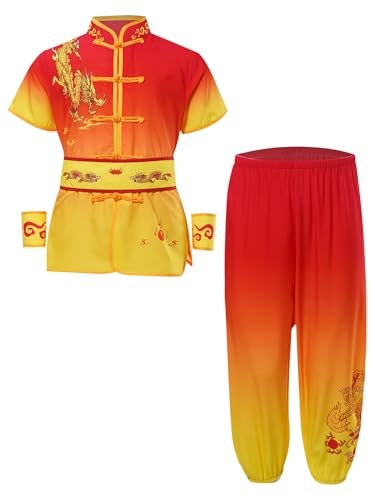 Kaerm Kung Fu Anzüge Kinder Junge Mädchen Chinesischer Tang Anzüge Hanfu Kampfsport Kleidung Set Traditionell Wing Chun Taichi Uniform Oberteile Hosen Rot Gelb 146-152 von Kaerm