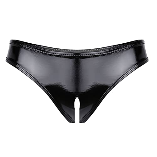 Kaerm Lack Leder Slip Im Schritt Offen Damen Ouvert Unterhose Dessous Low Rise Hot Pants Panty Shorts Erotisch Nachtwäsche Party Clubwear Schwarz XXL von Kaerm