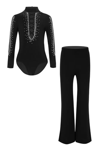 Kaerm Latein Tanzkostüm Kinder Junge Tanzanzug Langarm Turnanzug Strass Glitzer Ballettanzug Mit Latein Tanzhose Jazzpants Performance Bekleidung Schwarz 134-140 von Kaerm