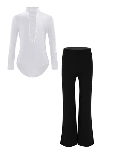 Kaerm Latein Tanzkostüm Kinder Junge Tanzanzug Langarm Turnanzug Strass Glitzer Ballettanzug Mit Latein Tanzhose Jazzpants Performance Bekleidung Weiß 146-152 von Kaerm