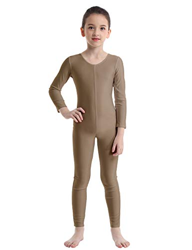 Kaerm Mädchen Ballettanzug Ganzkörper Kinder Langarm Ballett Body Trikot Sport Overall Jumpsuit Ganzanzug Turnen Wettbewerb Performance Bekleidung Braun 140-152 von Kaerm