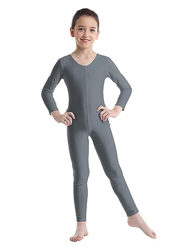 Kaerm Mädchen Ballettanzug Ganzkörper Kinder Langarm Ballett Body Trikot Sport Overall Jumpsuit Ganzanzug Turnen Wettbewerb Performance Bekleidung Grau 110-116 von Kaerm