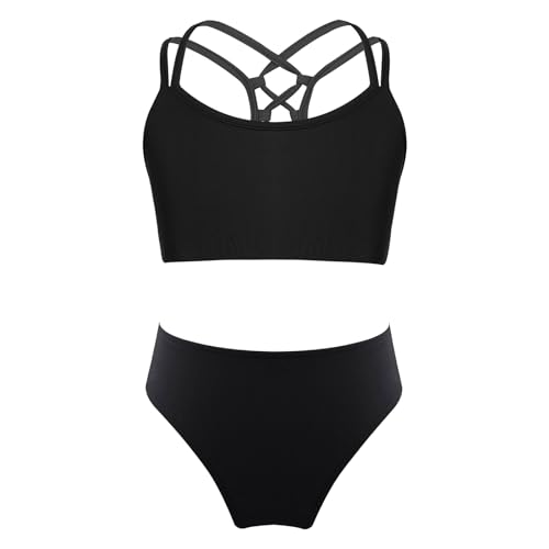 Kaerm Mädchen Bikini Tankini Set Neckholder Badeanzug mit Rüschen Blumen Kinder Zweiteiler Bademode Schnelltrockend Swimsuit Gr.98-176 I Schwarz 146-152 von Kaerm