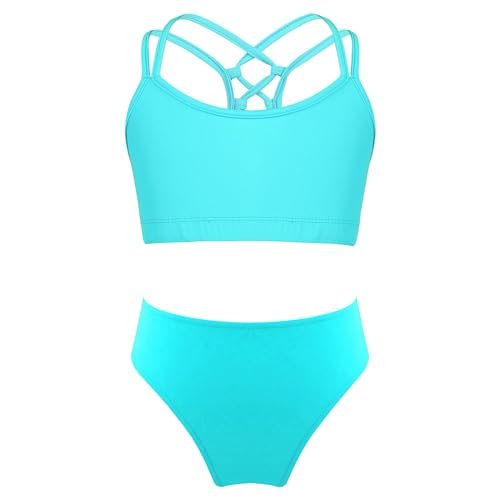 Kaerm Mädchen Bikini Tankini Set Neckholder Badeanzug mit Rüschen Blumen Kinder Zweiteiler Bademode Schnelltrockend Swimsuit Gr.98-176 I See Grün 146-152 von Kaerm