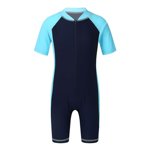 Kaerm Mädchen Junge Shorty Neoprenanzug Kinder Schwimmanzug Neopren Kurzarm Tauchanzug Einteiler Badeanzug Wetsuit Mit Reißverschluss für Wassersport Navy &Himmelblau 140-152 von Kaerm