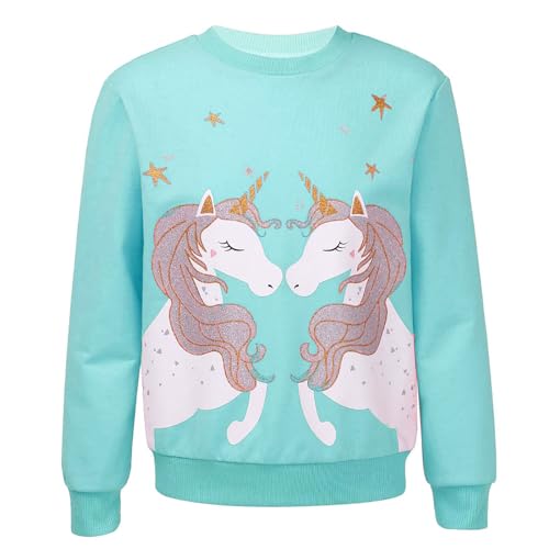 Kaerm Mädchen Sweatshirt für Kinder Baumwolle Top Casual Jumper Kleinkind Einhörner Pferd Druck Langarmshirt Pullover 2 3 4 5 6 7 8 9 10 12 Jahre alt A_X_Blau Grün E 110-116 von Kaerm