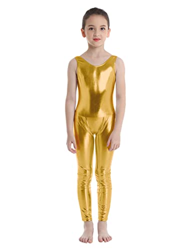 Kaerm Metallic Ballettanzug Mädchen Ganzkörper Kinder Ganzkörperanzug Tanzen Ärmellos Ballett Body Leotard Sport Overall Jumpsuit Glitzer Tanzkostüm A_Gold 110-116 von Kaerm