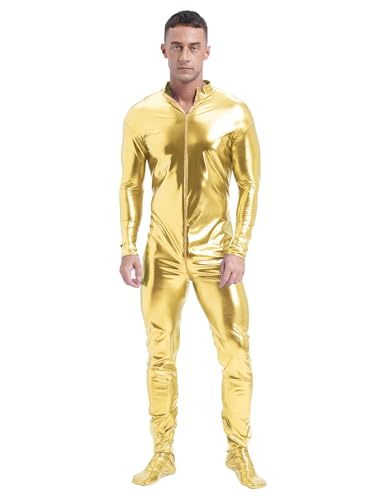Kaerm Metallic Bodysuit Herren Langarm Overall Stehkragen Jumpsuit Reißverschluss Catsuit Holographic Ganzkörper Body Für Fasching Karneval Mottoparty Gold XL von Kaerm