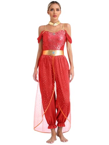 Kaerm Orientalische Tanzkleidung Damen Bauchtanz Kostüm Pailletten Tanzanzug Ärmellos Tunika Bluse Mit Pumphose Wettbewerb Performance Bekleidung Rot 4XL von Kaerm