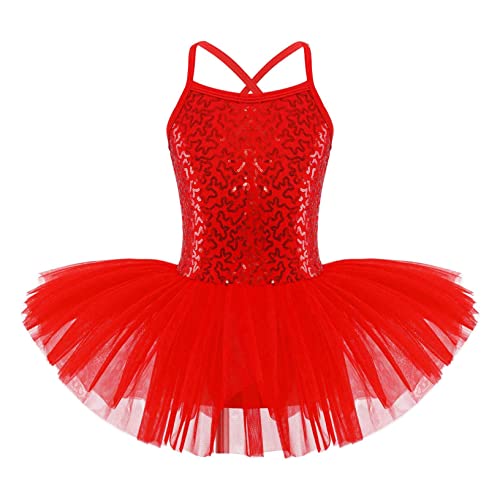 Kaerm Pailletten Ballettkleid Mädchen Tutu ärmellos Eiskunstlauf Kleid Glänzend Träger Ballett Body Trikot Wickelrock Tüllrock Tanzbekleidung Rot 128-140 von Kaerm