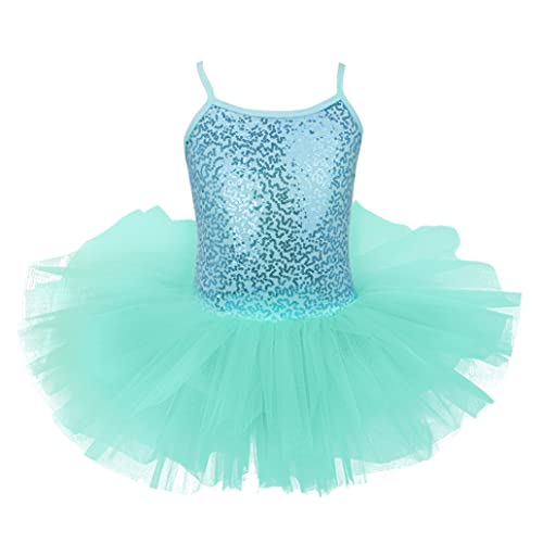 Kaerm Pailletten Ballettkleid Mädchen Tutu ärmellos Eiskunstlauf Kleid Glänzend Träger Ballett Body Trikot Wickelrock Tüllrock Tanzbekleidung Türkis 110-116 von Kaerm