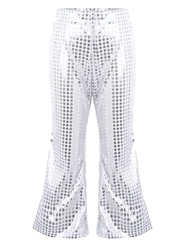 Kaerm Pailletten Hose Kinder Mädchen High Waist Leggings Mit Schlag Stretch Hip Hop Tanzhose Glitzer Jazzpants 70er 80er Jahre Disco Hippie Kostüm Silber 146-152 von Kaerm