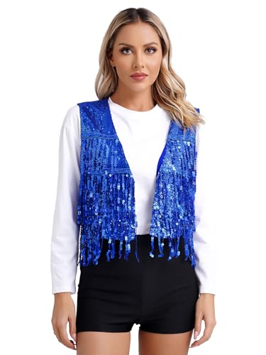 Kaerm Pailletten Weste Damen Glitzer Ärmellos Fransen Quasten Jacke Kurz Mantel Mit V-Ausschnitt Fasching Karneval Silvester Outfit Königsblau XL von Kaerm
