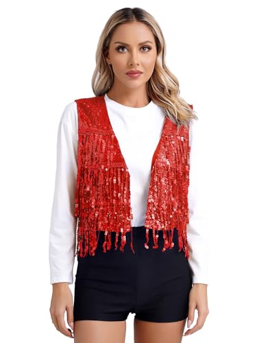 Kaerm Pailletten Weste Damen Glitzer Ärmellos Fransen Quasten Jacke Kurz Mantel Mit V-Ausschnitt Fasching Karneval Silvester Outfit Rot XXL von Kaerm