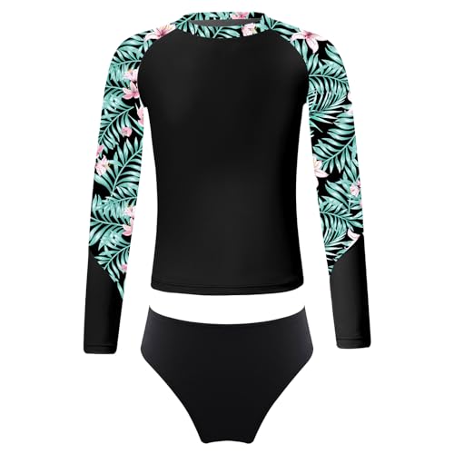 Kaerm Rash Guard Badeanzug für Mädchen UV-Schutz 2PCS Schwimmanzug Langarm Badeshirt mit Rüschen Motiv Bikinihose Motiv Badebekleidung Schwarz B 146-152 von Kaerm